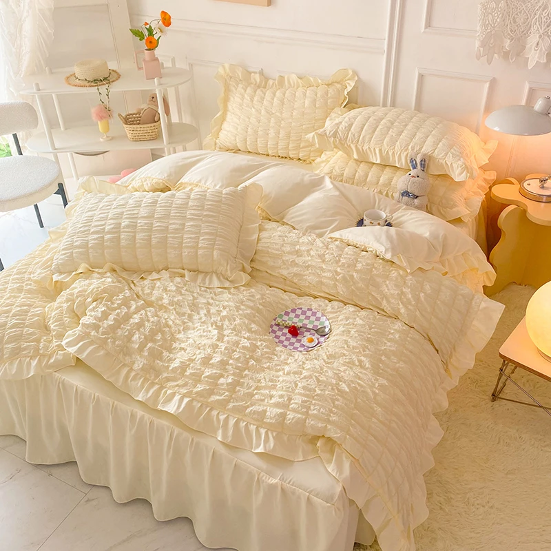 韩式网红泡泡纱床裙款四件套公主风少女心柔软网红四件套被套