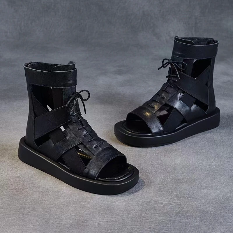 2023新款头层牛皮青少年罗马凉鞋时尚百搭真皮楼空春夏季女凉鞋