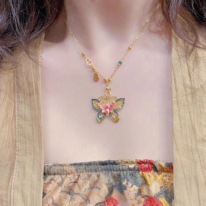 铜合金项链 国潮金色蝴蝶项链2024新款彩色国风烧蓝吊坠520情人节