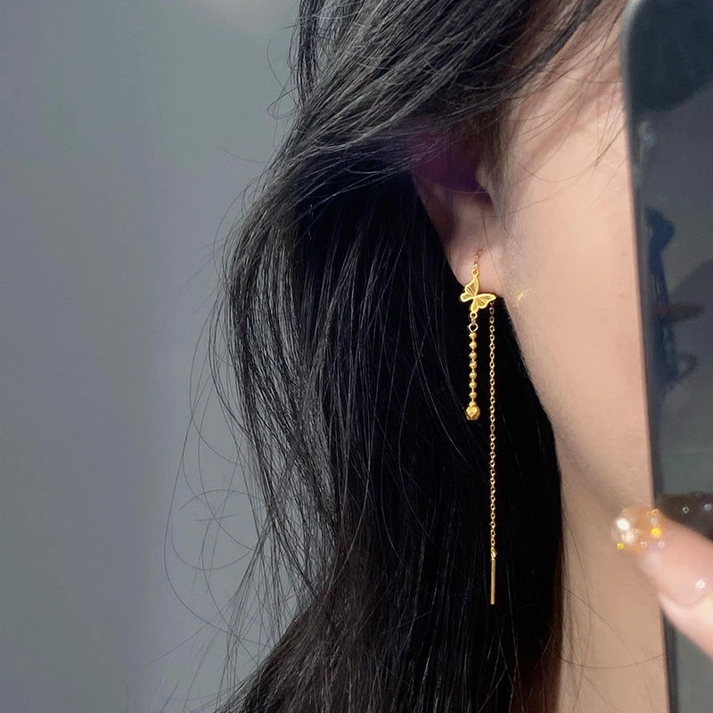 铜合金耳饰 黄金色蝴蝶耳线女2024新款爆款流苏耳环金色耳饰精致