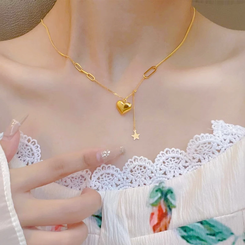 铜合金项链 爱心流苏星星不规则项链时尚轻奢锁骨心心套链送女友