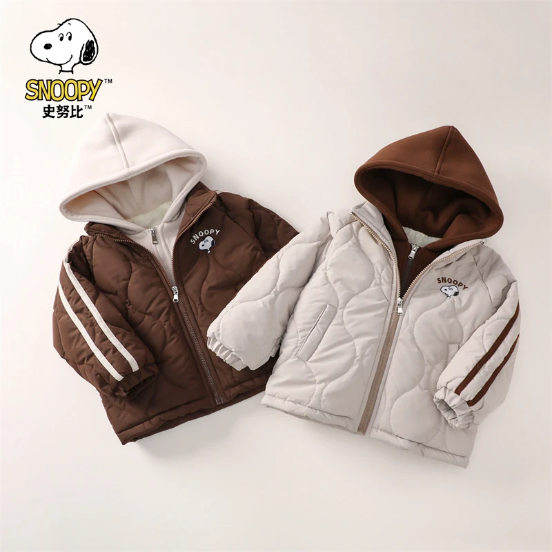 史努比男女童装假两件外套加绒加厚连帽儿童棉衣韩版宝宝保暖棉服