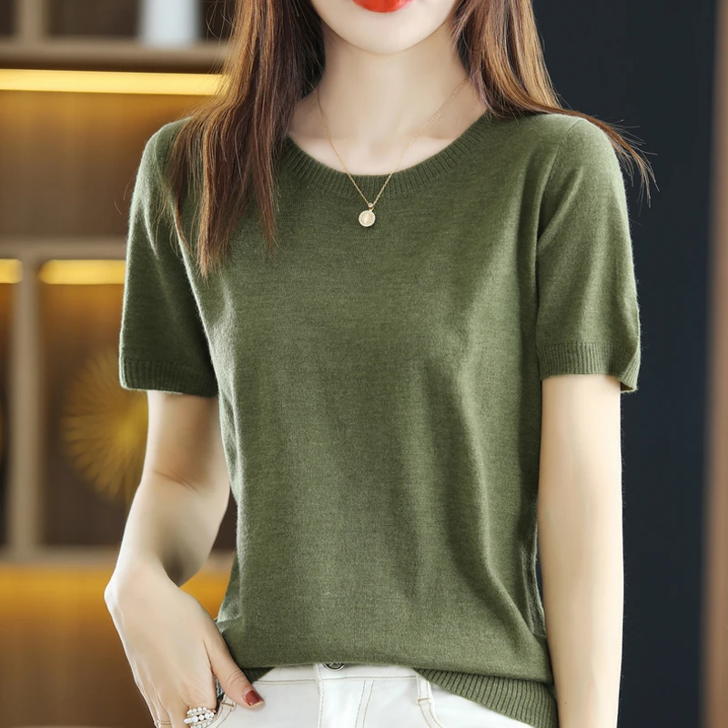夏季新款精纺细羊毛短袖女圆领套头针织衫T恤