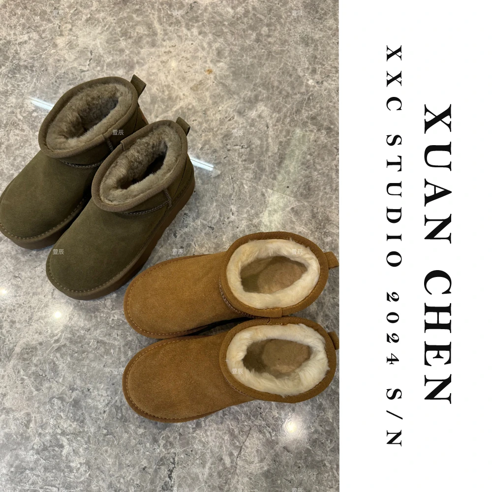 冬季加厚绒厚底真皮雪地靴洋气百搭短筒小个子雪地靴#3898