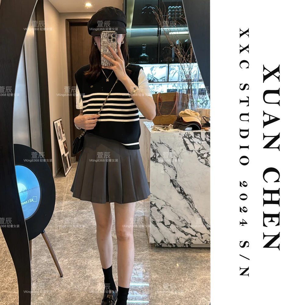 【早秋院校】秋季学院风休闲小个子百搭上衣假两件短袖针织衫#3309