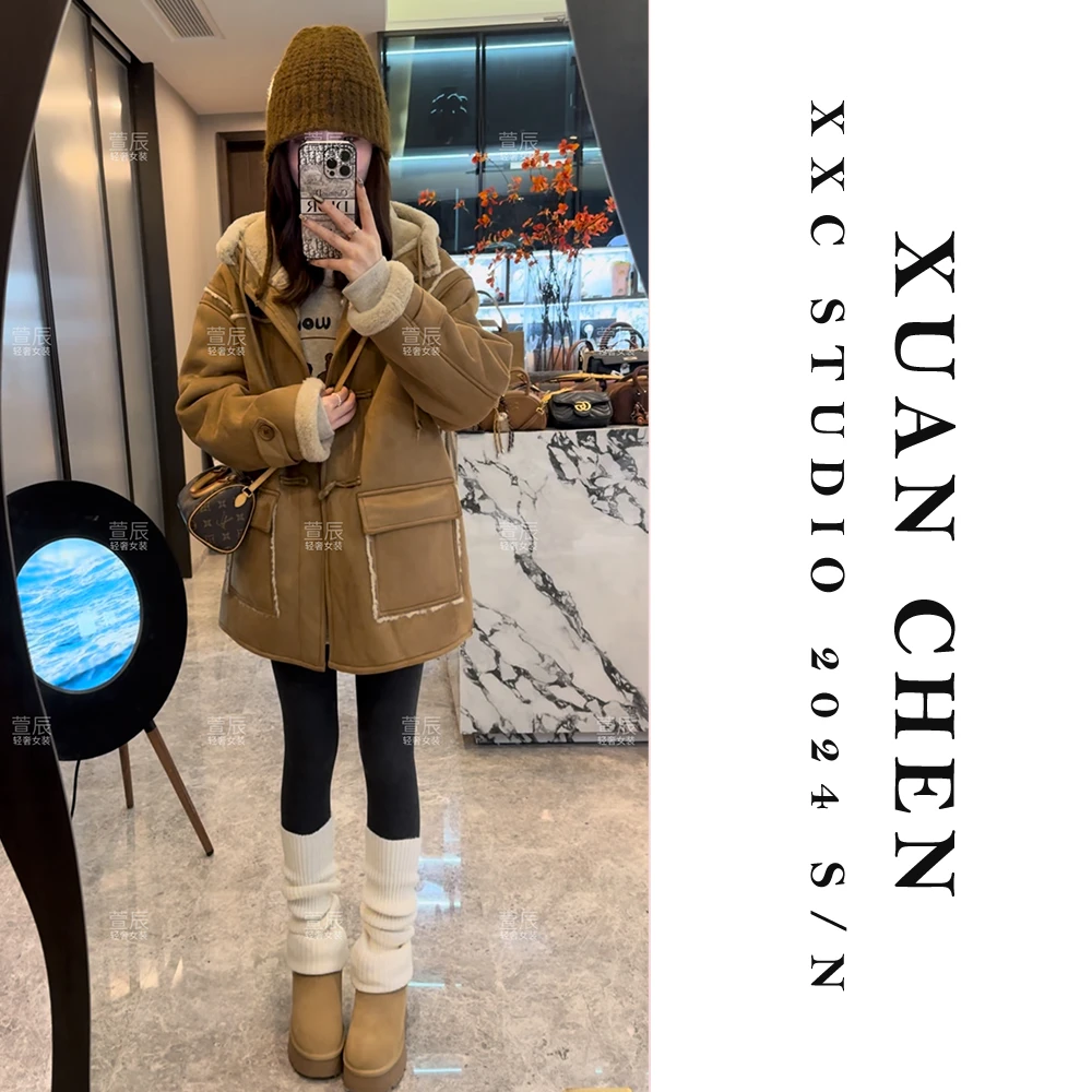 【左岸】韩版牛角扣帽子高定可调节抽绳撞皮毛一体外套#3871
