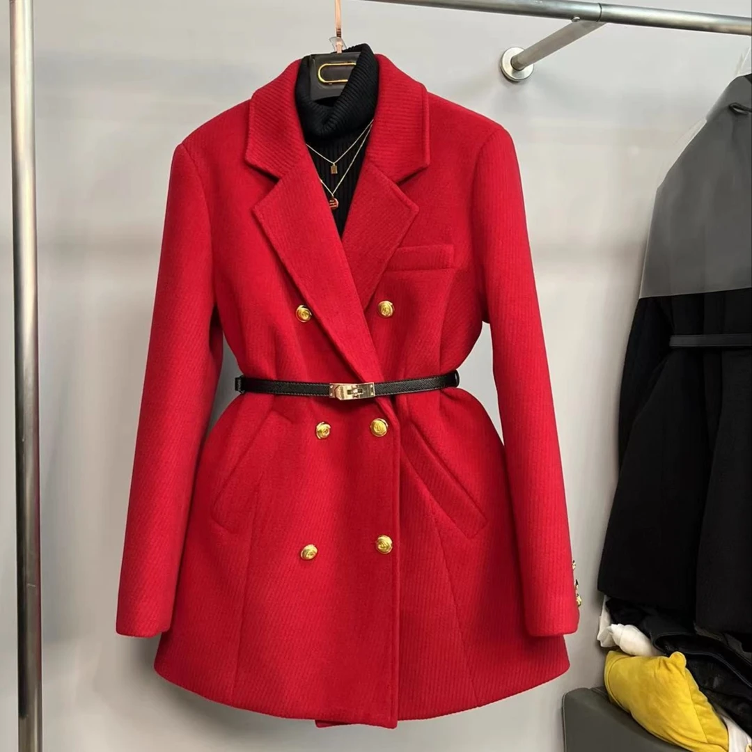 【中国红】2299冬羽绒大衣呢子显瘦高级羽绒服西装外套送腰带双11