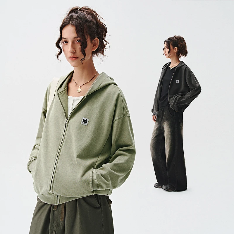 714street重磅水洗做旧连帽卫衣开衫男新款针织外套女款421376