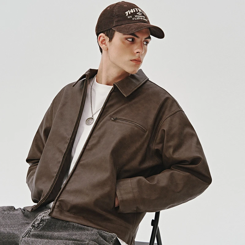 714street美式复古皮衣棉服底特律工装外套宽松皮棉服男421643