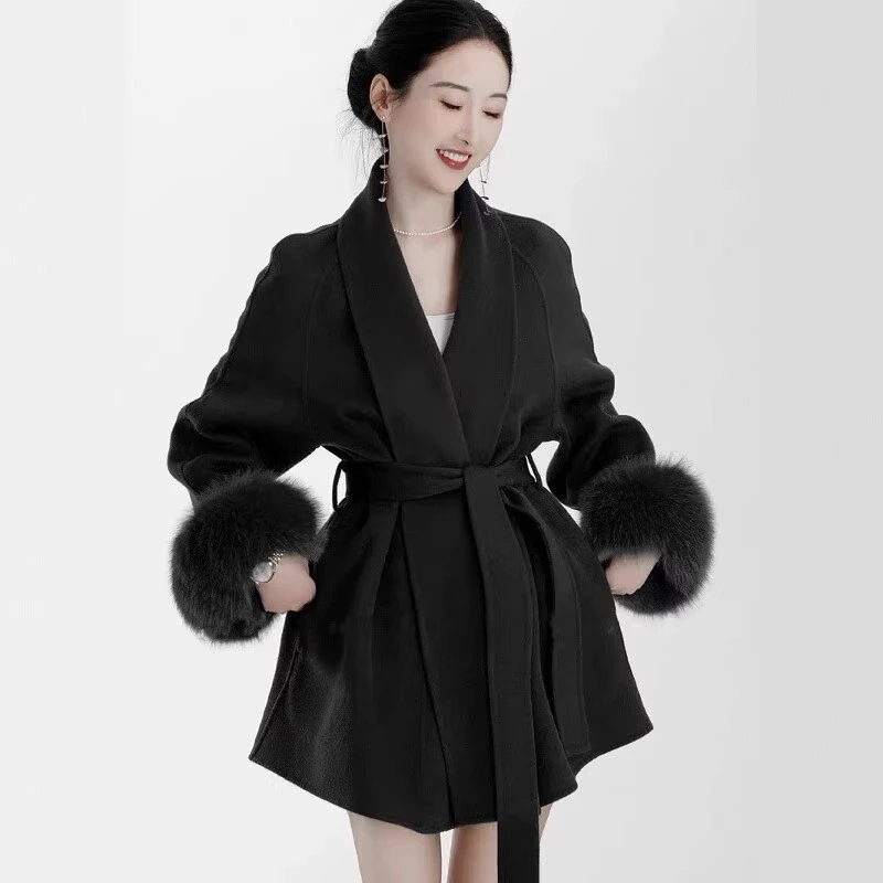 果味家黑色仿真狐狸毛双面呢子大衣女冬季气质短款小个子毛呢外套