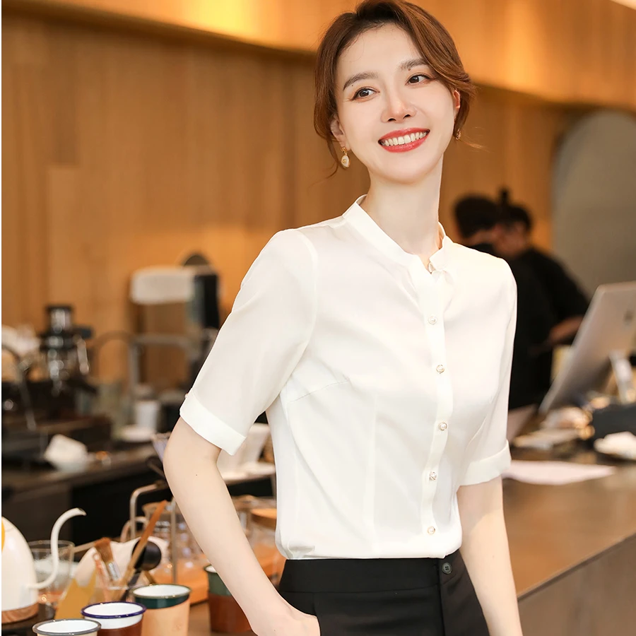 立领雪纺白色衬衫女士春夏新款工作服薄款职业正装气质衬衣