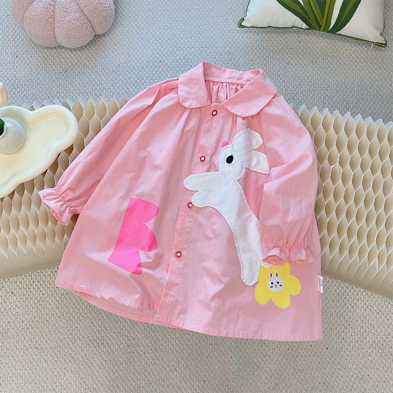 女童春季新款纯棉娃娃衫长袖衬衣卡通粉色女宝衬衫时尚欧若风童装