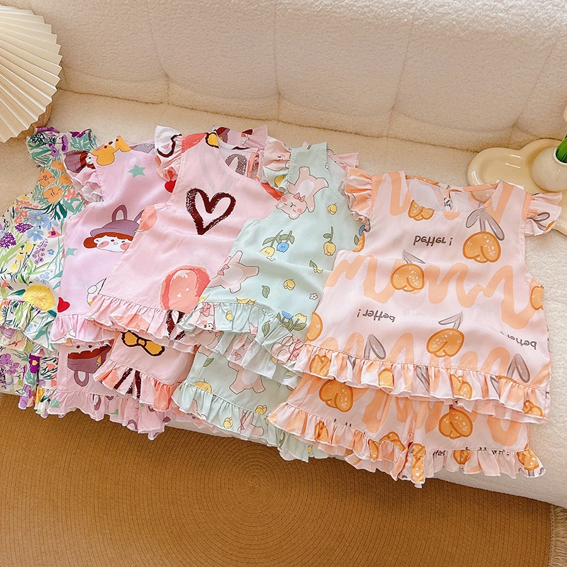 儿童夏季新款绵绸薄款女童短袖男童女童洋气印花家居服欧若风童装