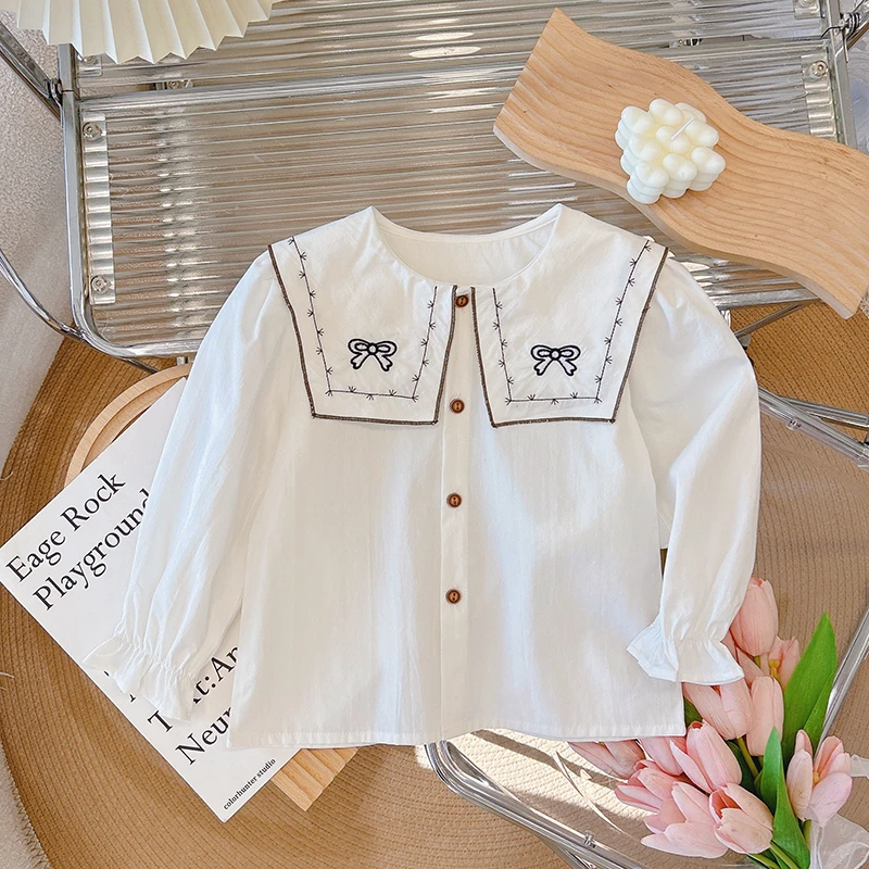 儿童新款纯棉长袖衬衣女童娃娃领衬衫小女孩翻领上衣春秋儿童长袖