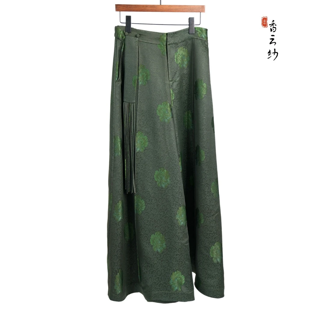 【香云走心】裤子23ZY31160146休闲时尚设计师绿色复古桑蚕丝高档