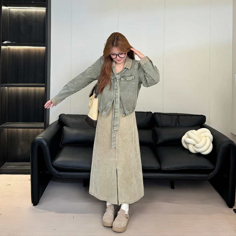 珍珍&南岛风大码女装复古绑带胖mm牛仔上衣女春秋宽松套装ZYY949