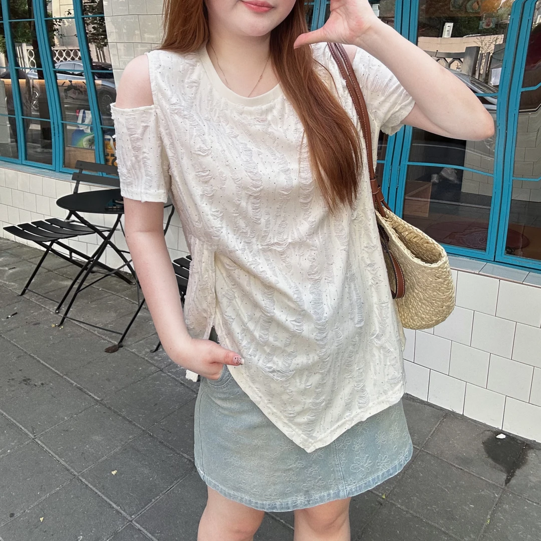 芋圆&南岛风大码女装夏新款露肩显瘦氛围感短袖温柔百搭T恤ZWW112