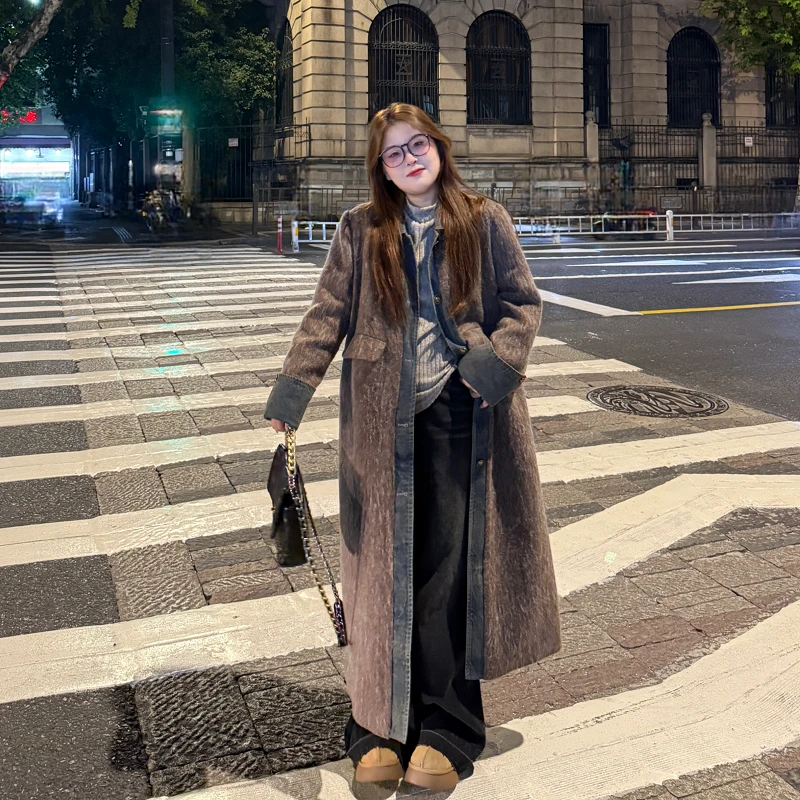 包子&南岛风大码女装胖mm秋冬宽松显瘦拼接牛仔毛呢大衣ZYY1207