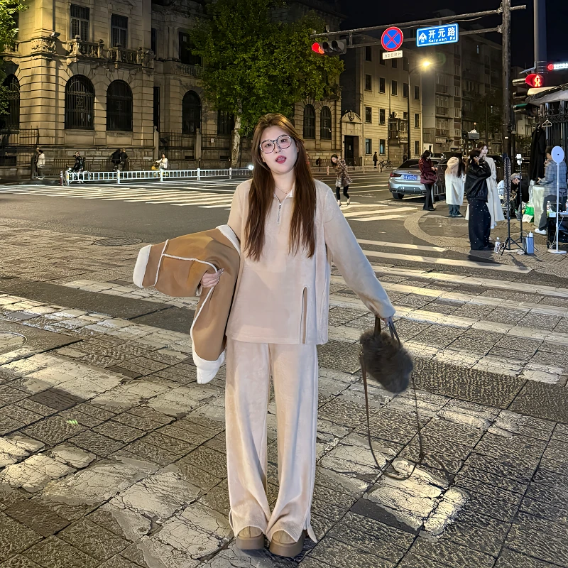 盈盈&南岛风大码女秋冬慵懒百搭时尚上衣胖mm显瘦长裤套装ZYY1213