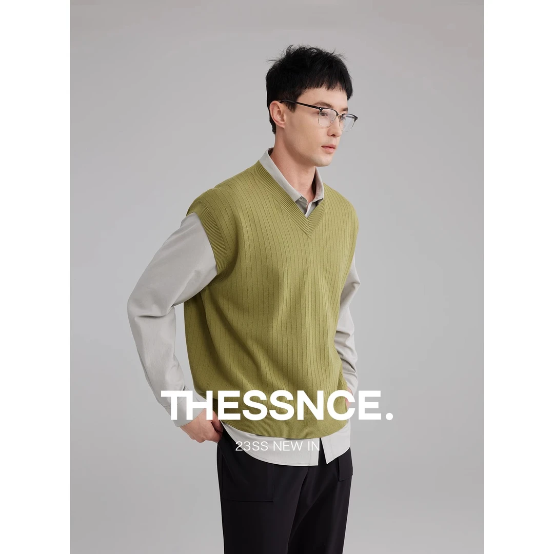 16针四空织造 抽针暗条纹肌理 精纺长绒棉 落肩宽松V领马甲男春秋