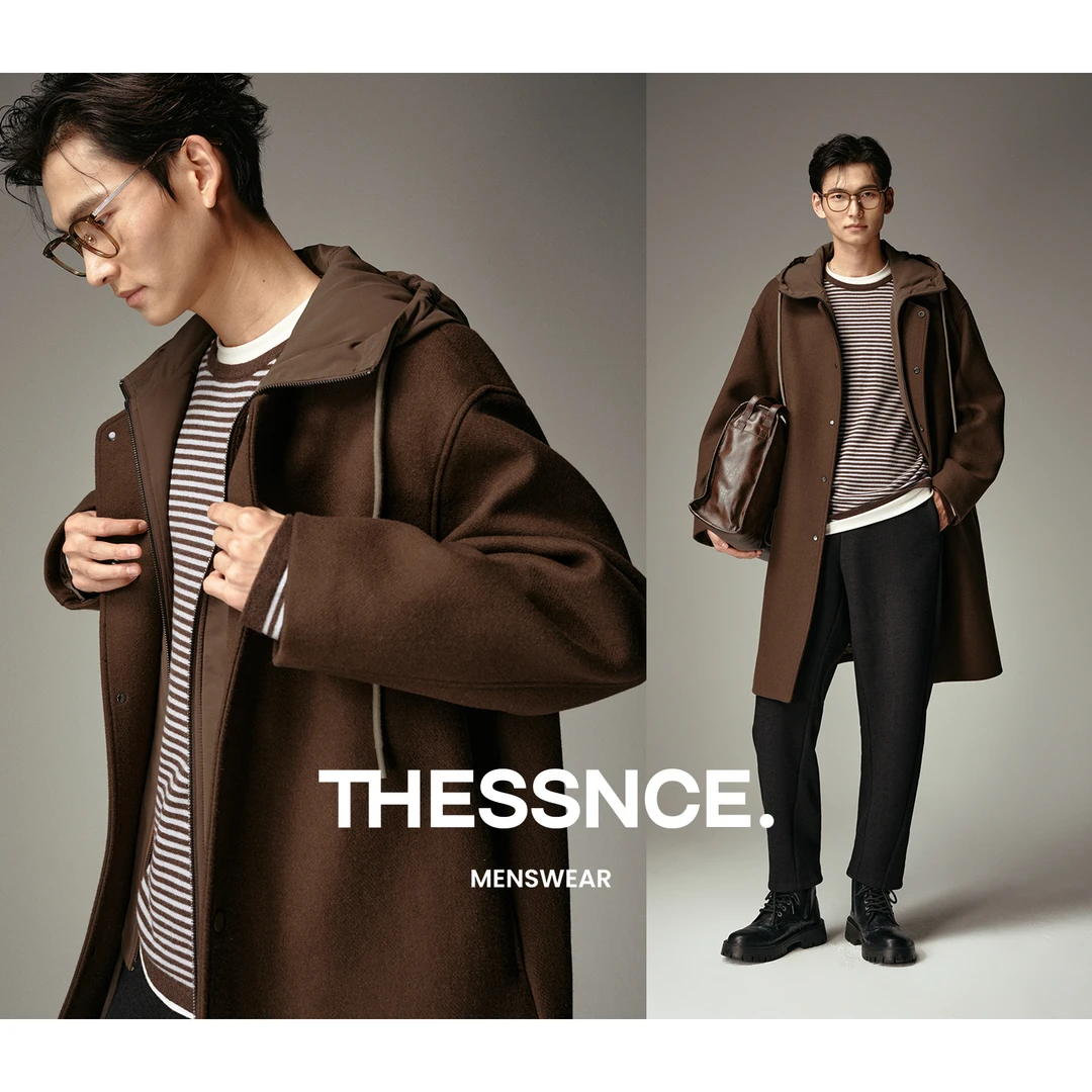 可脱卸假两件 重磅全衬工艺连帽羊毛呢大衣 宽松休闲中长款外套