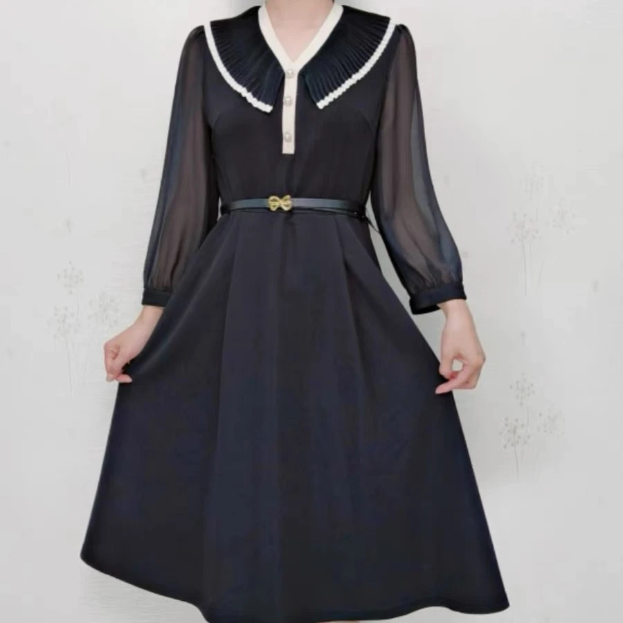 L809女士黑色复古长款收腰修身优雅 连衣裙