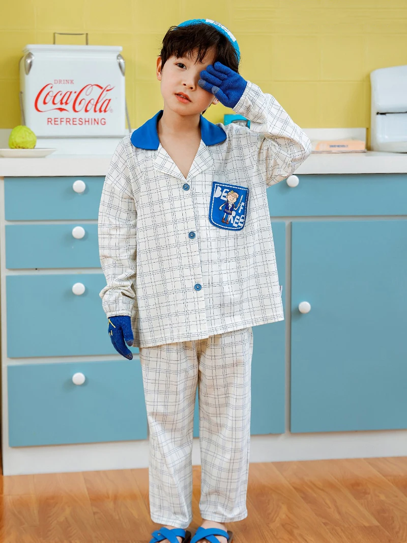 2474妈咪印象男童开衫春秋家居服新疆长绒棉舒适柔软格子睡衣