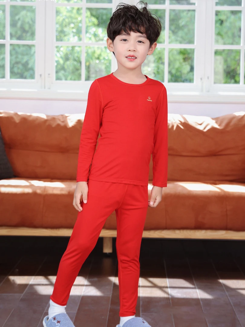 0691妈咪印象儿童大红莫代尔新年套装本命年柔软薄款男童秋衣裤