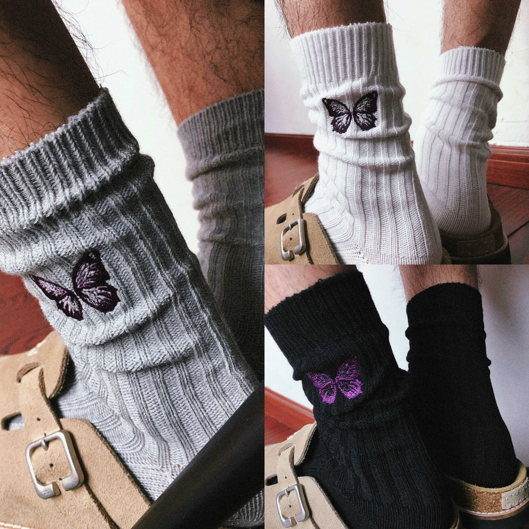 TREETALLIFE春秋毛巾底cityboy情侣刺绣蝴蝶长筒堆堆袜简约粗针袜