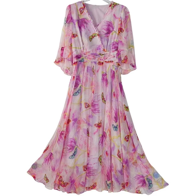 1315夏气质设计师百搭印花收腰轻奢女士夏季真丝连时尚夏裙