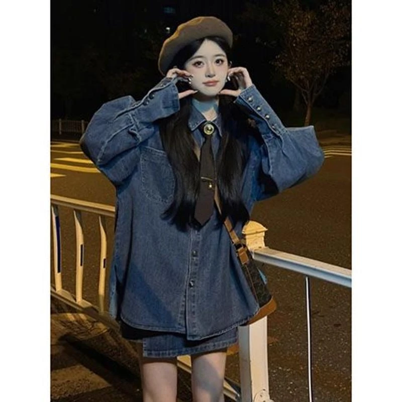 学院风牛仔衬衫上衣套装女秋冬新款复古外套小个子半裙两件套