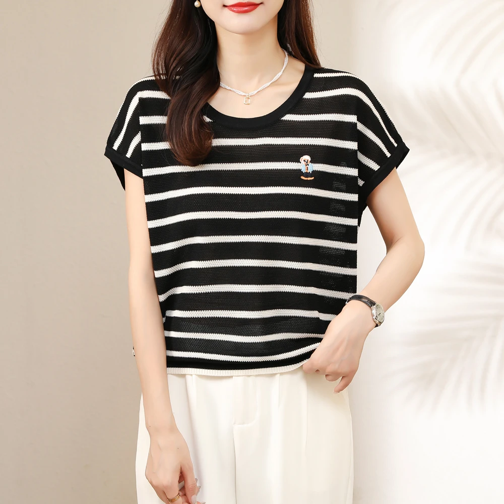 条纹短袖夏季薄款洋气小熊刺绣宽松休闲性感女装2025新款高级感