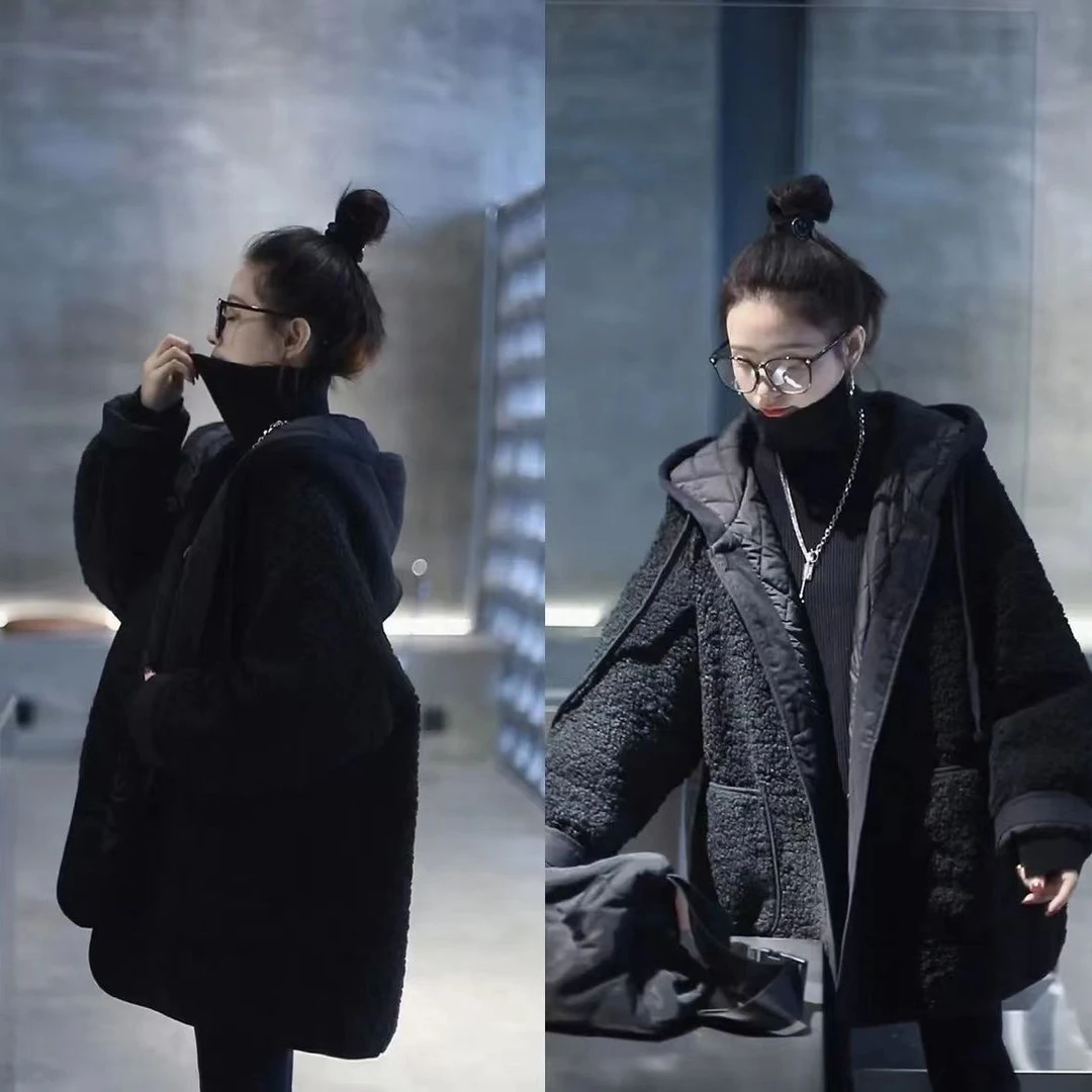 2025时尚休闲羊羔毛外套女外穿秋冬爆款新款宽松连帽中长款大衣女