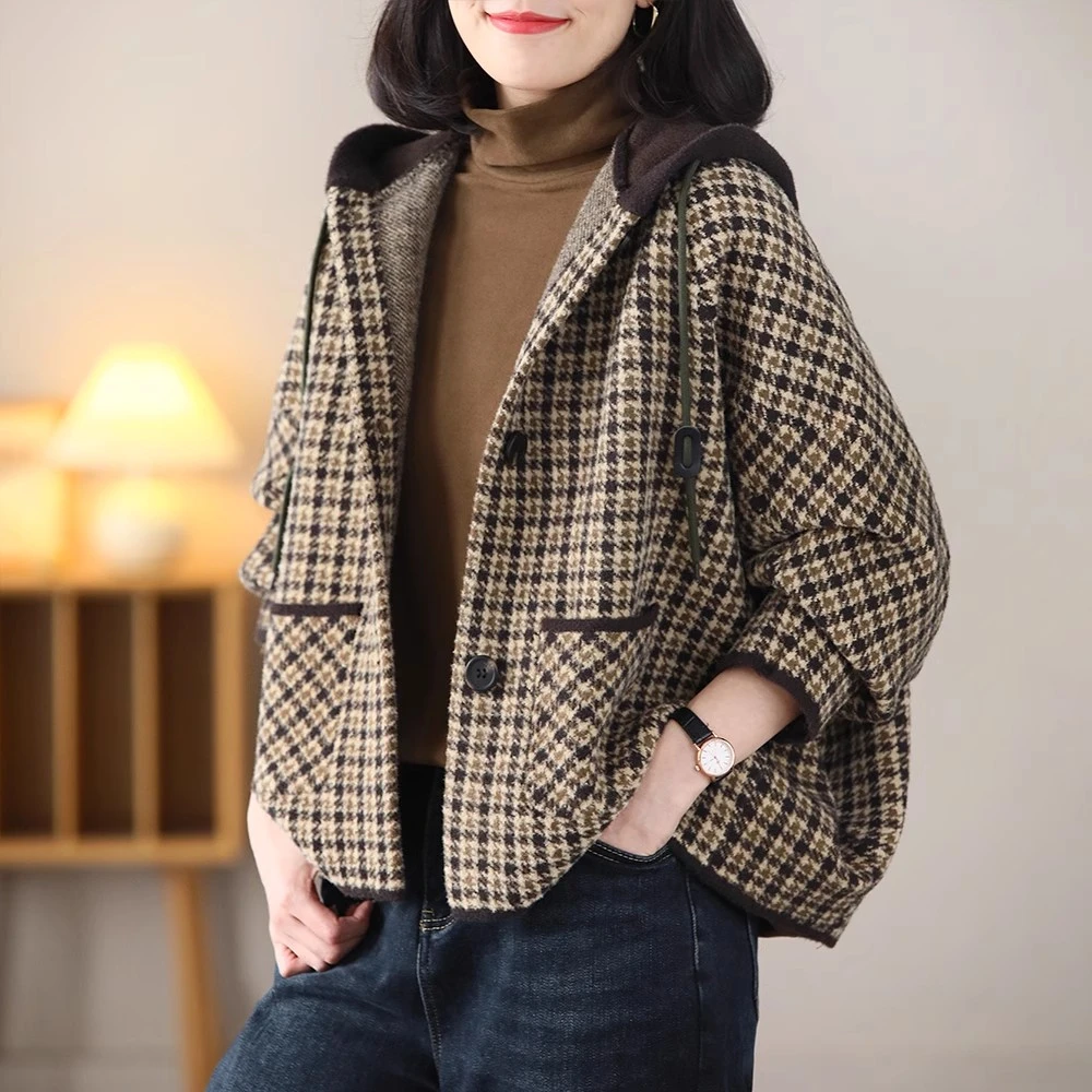千鸟格外套女士新款大码宽松文艺百搭韩版显瘦千柔气质连帽长袖女