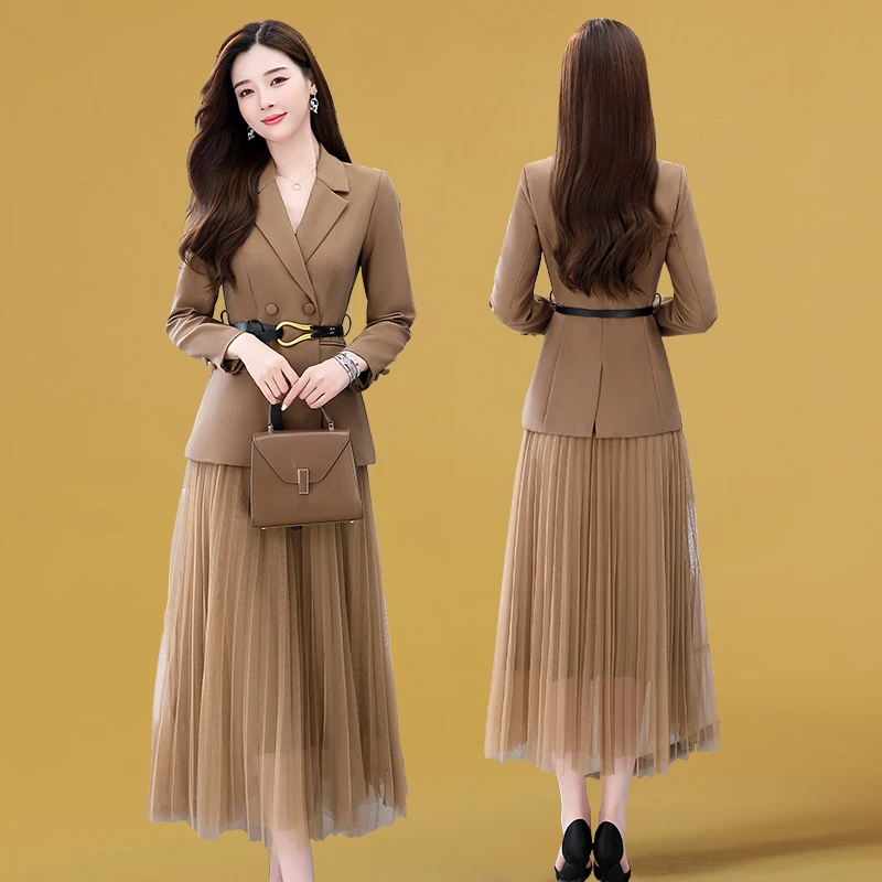 2025西装两件套装高级感秋装年新款女装时尚气质通勤网纱裙子2025