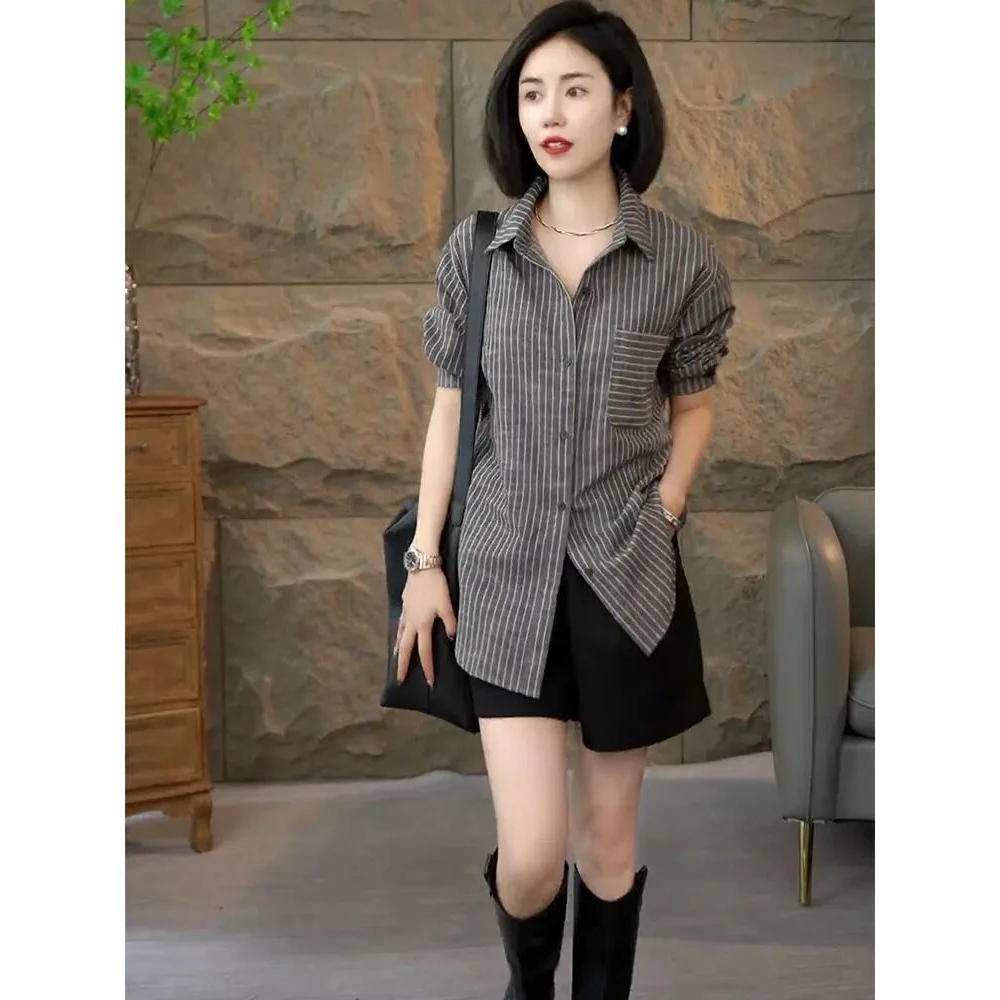 2025秋季新款长袖时尚百搭休闲小众条纹显瘦秋款衬衫上衣女打底衫
