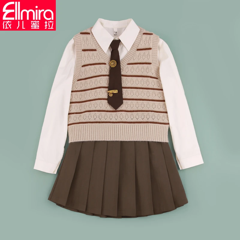 8172+8173+8174女童学院风套装jk制服裙百褶裙3件套2024新款洋气