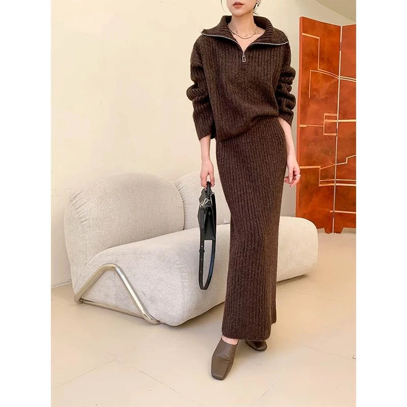 定制高级针织两件套装女冬季2024新款长袖半拉链毛衣高腰半身裙子