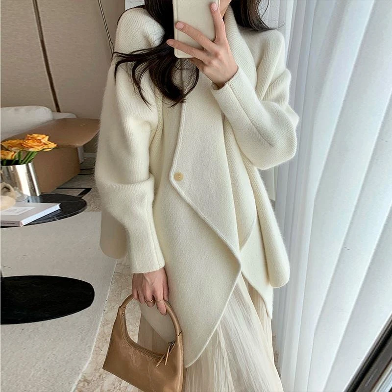 韩系温柔风针织开衫2023新款高级感慵懒风中长款毛衣外套女送皮带
