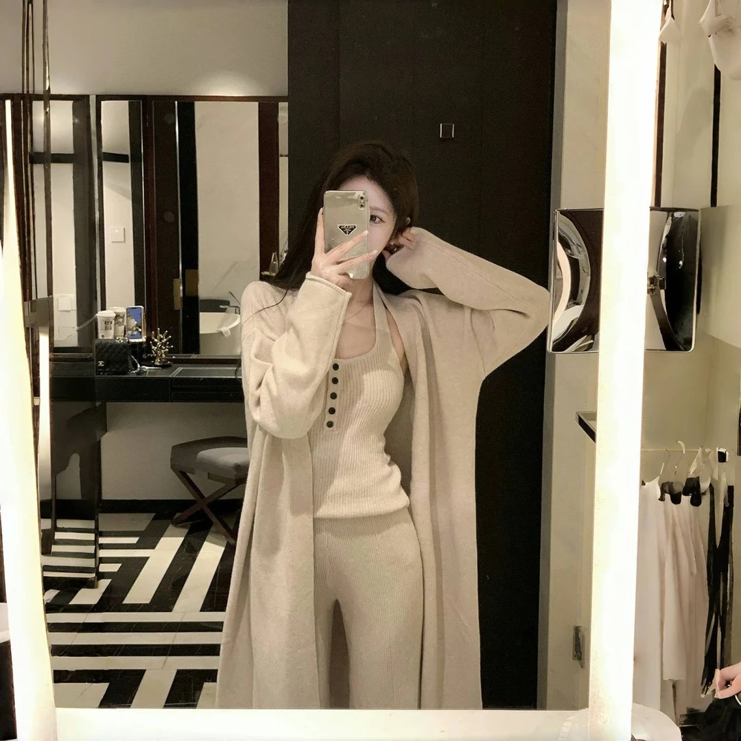 【邂逅】秋冬开衫毛衣女外套背心针织阔腿长裤女装女三件套装