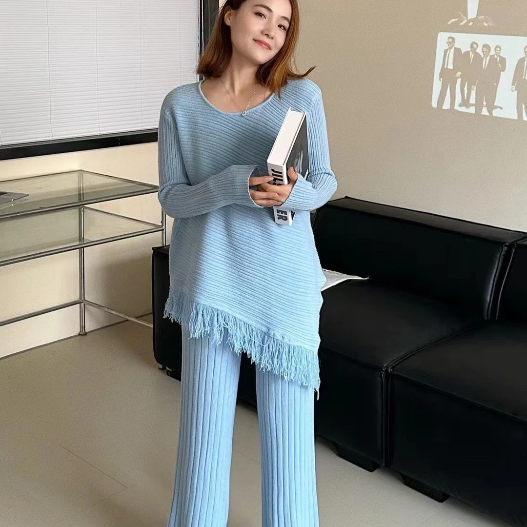 韩版御姐范时尚休闲套装女设计感不规则针织衫上衣+阔腿裤两件套