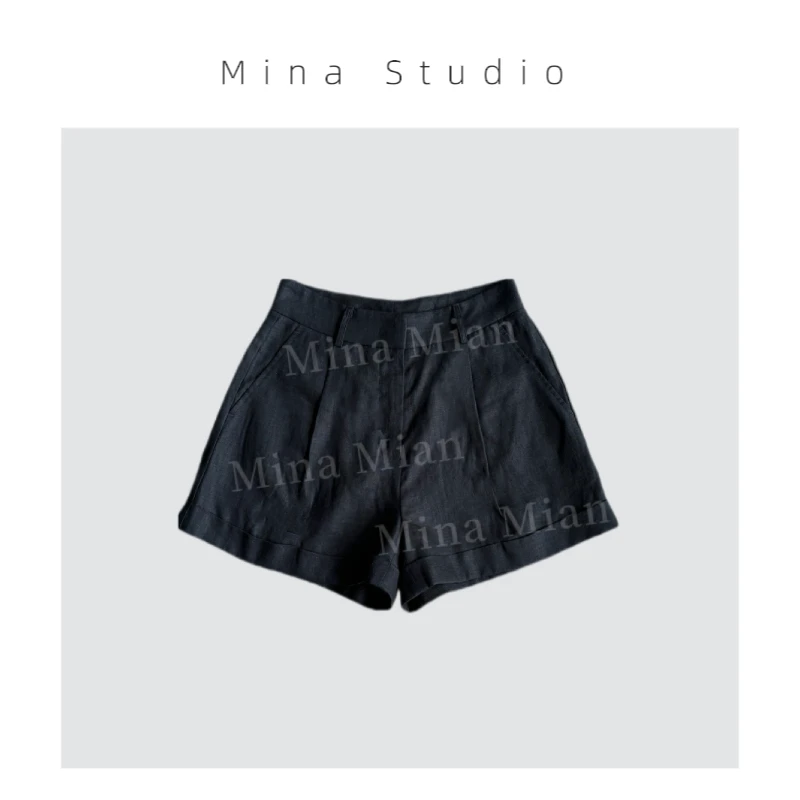 “夏日清风“ Mina夏季新款 小众设计极感简约百搭翻边亚麻显瘦短裤