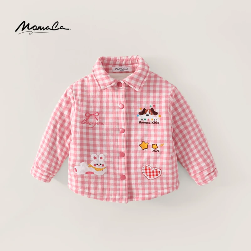 MOMOCO冬季新款女童可爱刺绣翻领纯棉格子衬衫棉服75830234002