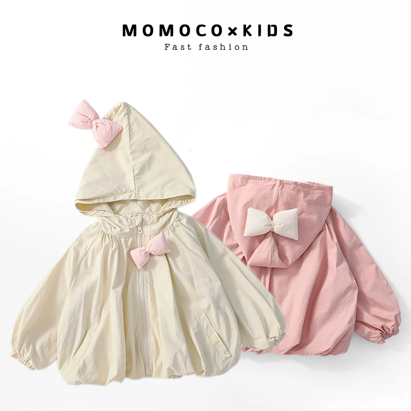 MOMOCO春季女童风衣蝴蝶结连帽儿童夹克斗篷宽松外套75530107010