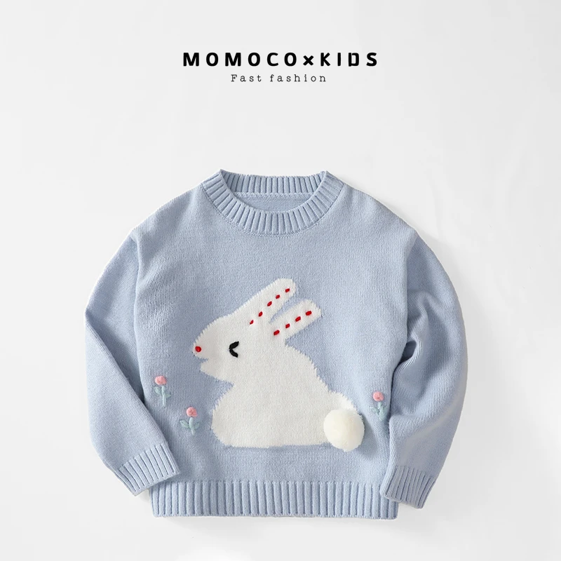 MOMOCO女童蓝色圆领套头时尚打底中小童卡通秋冬毛衣76830230215
