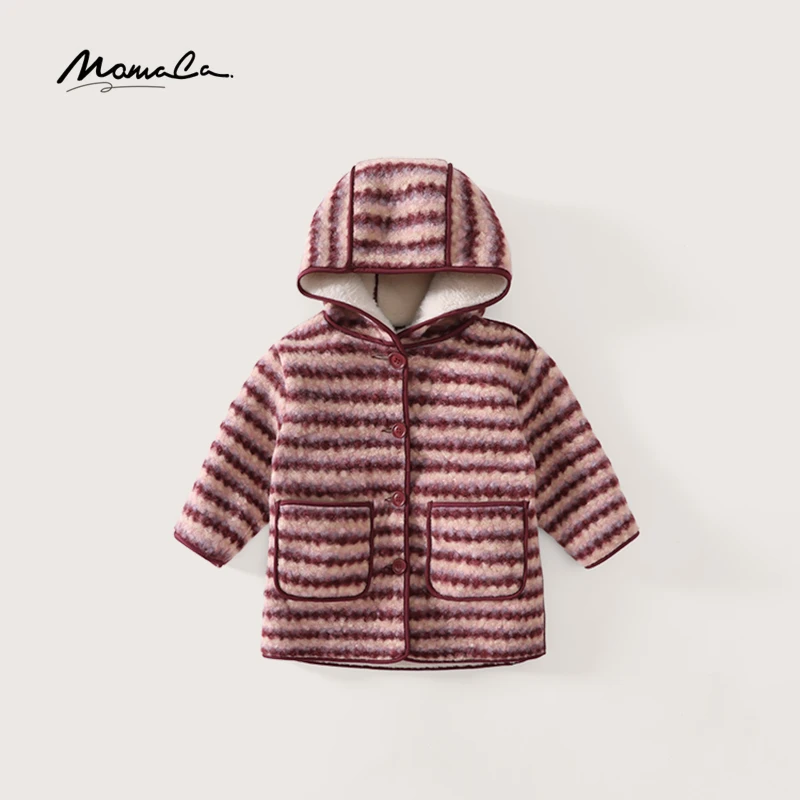 MOMOCO冬季新款女童潮流长款条纹毛毛外套75830123004