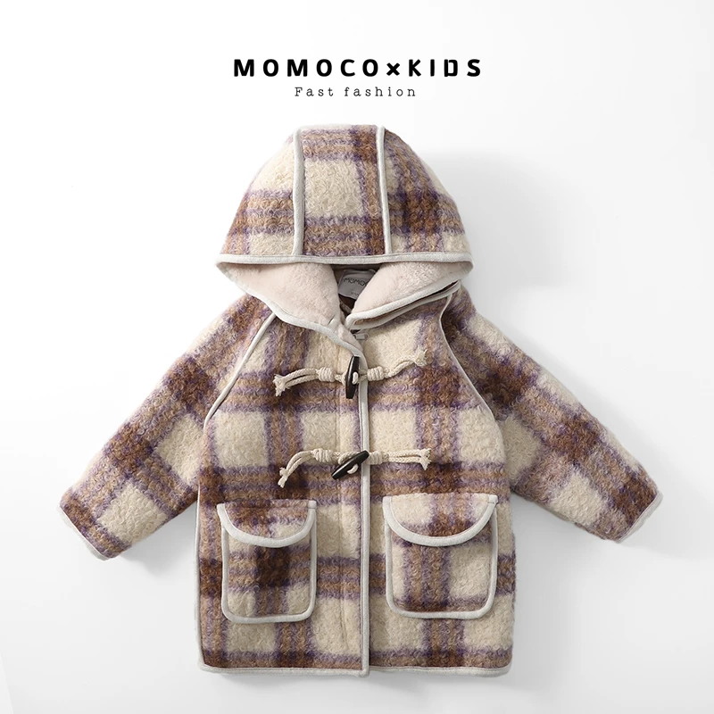 MOMOCO2023女童时尚休闲连帽格子呢大衣洋气中长款76830126210