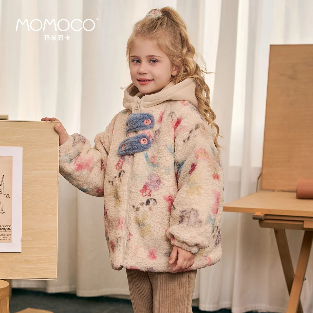 MOMOCO冬季新款女童可爱拼接毛毛衣连帽小卡通外套75830123019