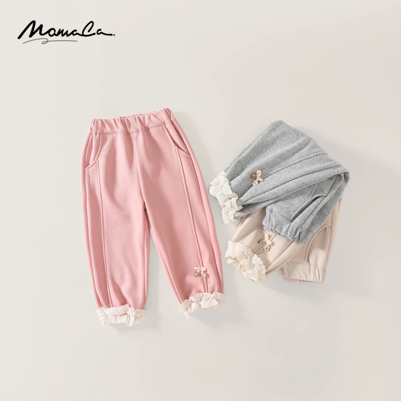 MOMOCO冬季新款女童纯色甜美花边加绒卫裤75830358008&09&10