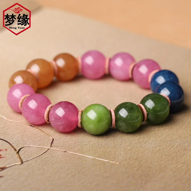 银竹珠宝 天然彩宝碧玺大珠手串情侣彩色老型玉手串女款多色单圈